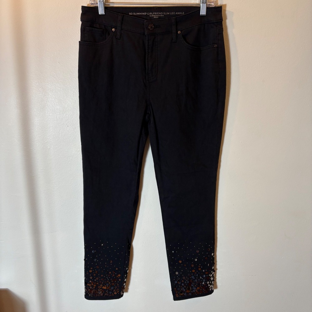Chico's So Slimming Girlfriend Ankle Pants Size 8R Black Sequin Hem 1R